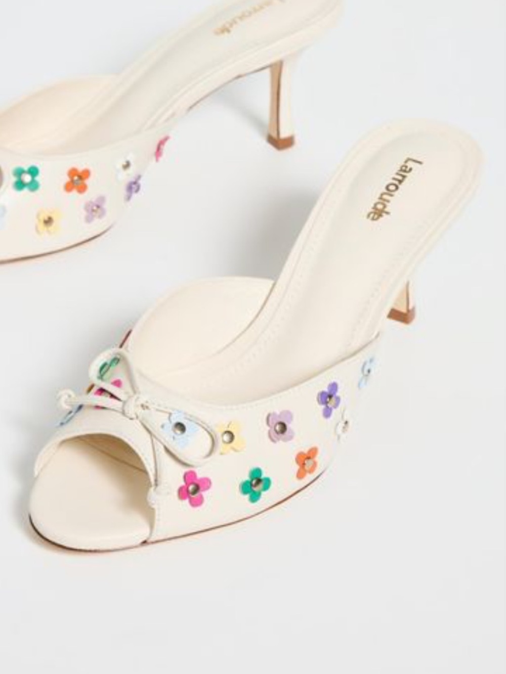 Larroude Cream Slide Mules, Multicolor Flower Studs &Bow sz 7.5 nwot - Picture 5 of 6